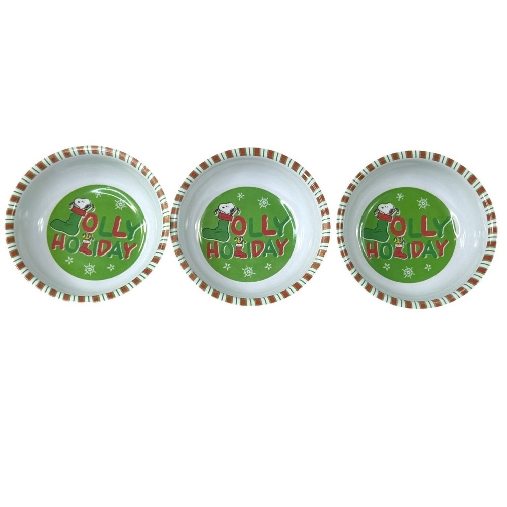Peanuts Snoopy Woodstock Jolly Holiday Bowl Set Melamine Green White 3pc